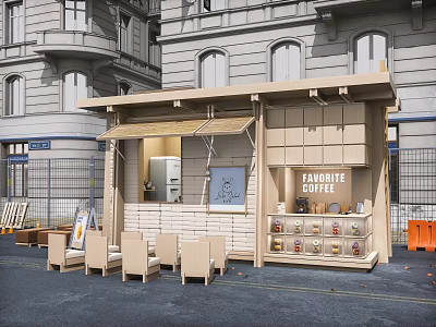 Wooden Coffee Shop Exterior With Outdoor Seating Awning And Coffee Display Shelves 3d model