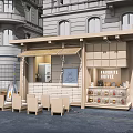 Wooden Coffee Shop Exterior With Outdoor Seating Awning And Coffee Display Shelves