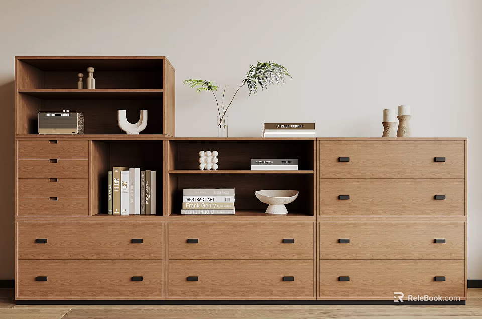 Minimalist Wooden Bookshelf With Multiple Drawers Shelves Books Decorative Items And Plant 3d model 