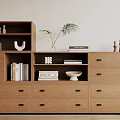 Minimalist Wooden Bookshelf With Multiple Drawers Shelves Books Decorative Items And Plant