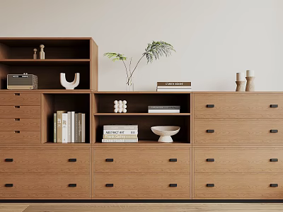 Minimalist Wooden Bookshelf With Multiple Drawers Shelves Books Decorative Items And Plant 3d model