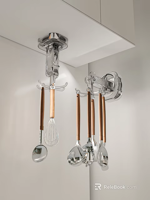 Modern Sleek Kitchen Utensils with Wooden Handles Hanging on Metal Wall Rack 3d model 