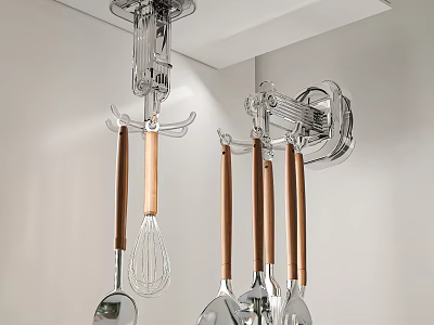 Modern Sleek Kitchen Utensils with Wooden Handles Hanging on Metal Wall Rack 3d model