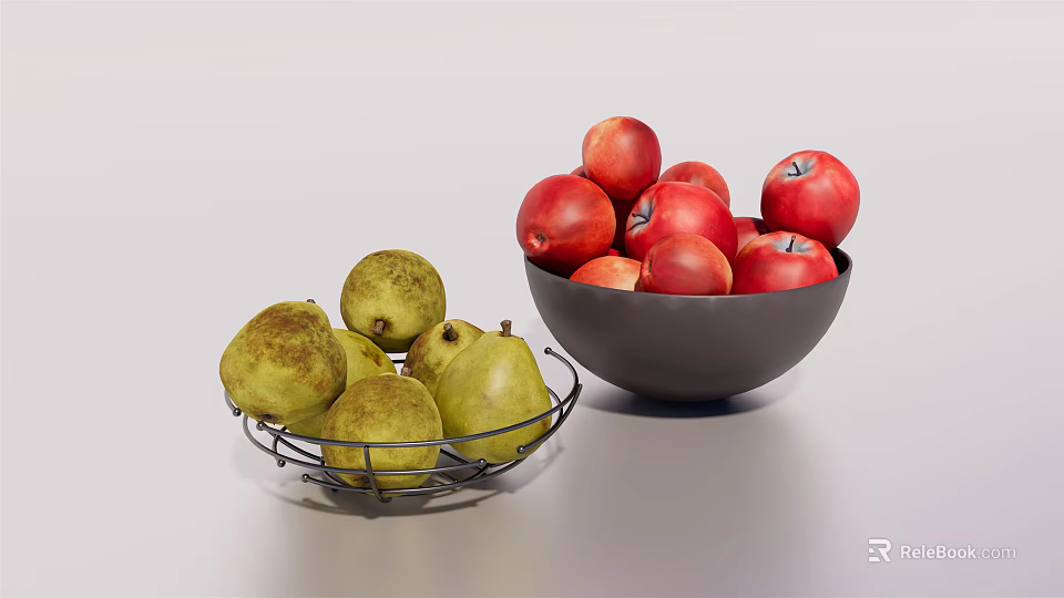 Fresh Green Pears in Metal Basket and Red Apples in Dark Bowl 3d model 