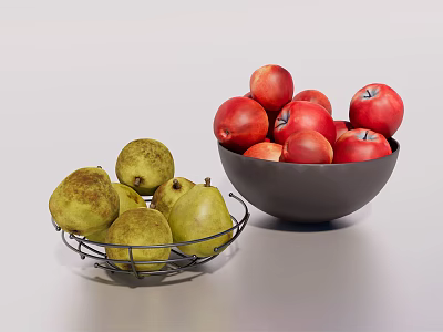 Fresh Green Pears in Metal Basket and Red Apples in Dark Bowl 3d model