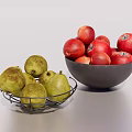 Fresh Green Pears in Metal Basket and Red Apples in Dark Bowl