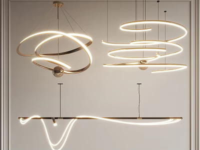 Modern Hanging Chandeliers With Curved Rings Circular Lines And LED Lighting Design 3d model
