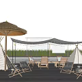 Outdoor Wooden Table And Chairs Set With Thatched Umbrella Teepees String Lights On Deck