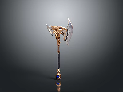Ornate Decorative Axe With Golden Eagle Head Silver Blades And Blue Gem 3d model