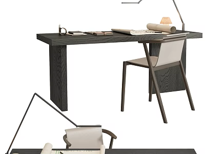Modern Oak Table and Chair Set with Desk Lamp Notebook and Mug in Minimalist Design 3d model