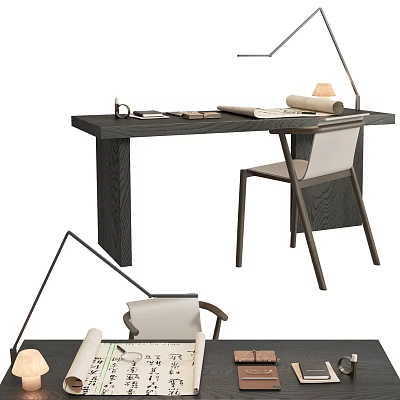 Modern Oak Table and Chair Set with Desk Lamp Notebook and Mug in Minimalist Design 3d model