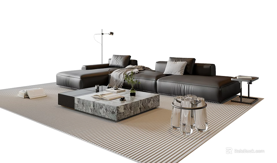 Black L Shaped Sofa With Cushions And Marble Top Coffee Table Set On Striped Rug 3d model 