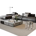 Black L Shaped Sofa With Cushions And Marble Top Coffee Table Set On Striped Rug
