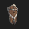 Medieval Weapon Shield With Wooden Body Metal Accents Circular Center And White Wing Patterns