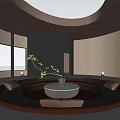 Minimalist Reception Room Interior Design With Circular Sofa Large Windows Natural Light And Green Plants