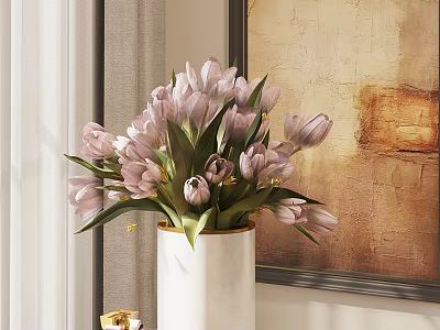 Beautiful Pink Tulips Arrangement in White Vase Near Curtain and Decorative Painting 3d model
