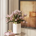 Beautiful Pink Tulips Arrangement in White Vase Near Curtain and Decorative Painting