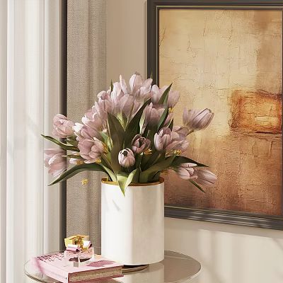 Beautiful Pink Tulips Arrangement in White Vase Near Curtain and Decorative Painting 3d model