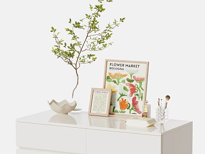 White Dressing Table with Green Plant Picture Frames White Bowl and Makeup Brushes 3d model