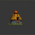Cute Thatched Hut Exterior With Straw Roof Red Birds Stone Walls And Green Grass