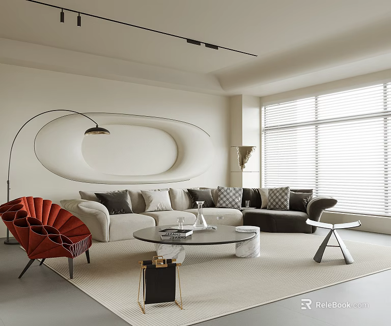 Modern Cream Tone Living Room Interior With Large Soft Sofa And Unique Chic Home Decor 3d model 