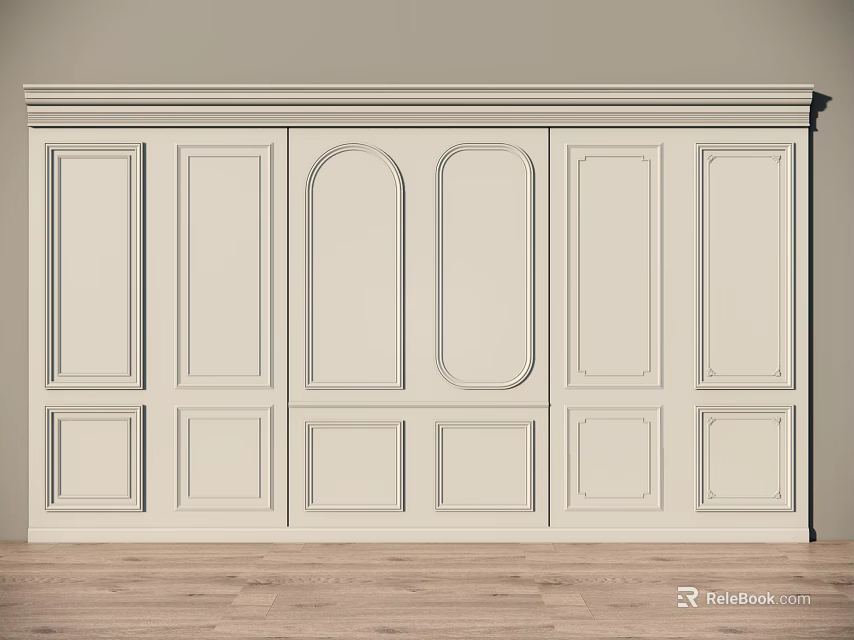 Elegant White Interior Wall Paneling With Rectangular And Arched Panel Designs 3d model