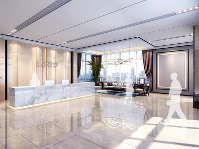 Modern Luxury Hotel Lobby With Marble Front Desk Hanging Chandelier Sofa Floor to Ceiling Windows and Green Plants 3d model