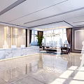 Modern Luxury Hotel Lobby With Marble Front Desk Hanging Chandelier Sofa Floor to Ceiling Windows and Green Plants