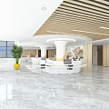 Modern Service Hall Interior With Reception Counter Green Plants Seating Area And City View Windows