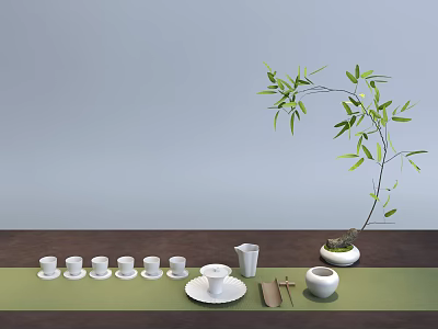 Elegant Ceramic Tea Set With Cups Plates And Bamboo Branch On Table 3d model