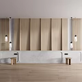 Modern Bedroom Accent Wall With Wooden Panels And Pendant Lights