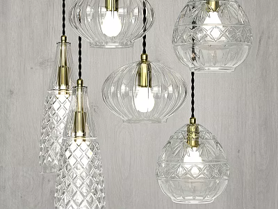 Elegant Crystal Pendant Lights With Transparent Glass Bodies And Gold Metal Fixtures 3d model