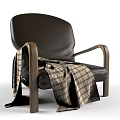 Stylish Leather Leisure Chair With Wooden Armrests And Plaid Blanket For Home Comfort