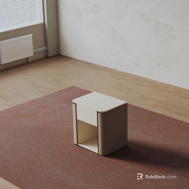Minimalist Light Colored Nightstand On Red Carpet In Wooden Floor Room 3d model 