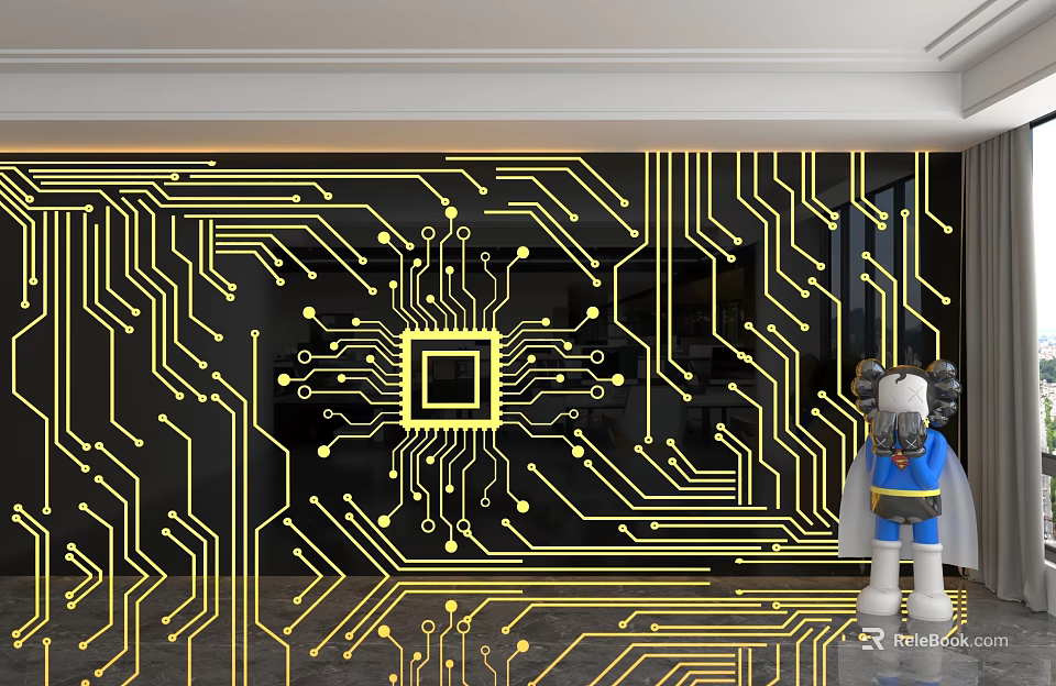 Modern Interior Background Wall With Yellow Circuit Board Square Chip Design And Small Robot Figurine 3d model 