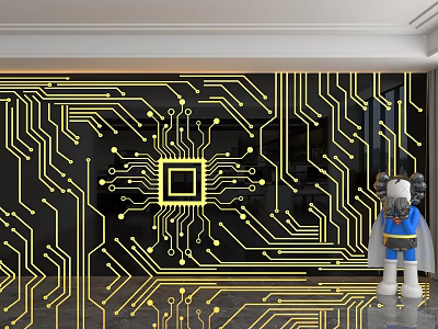 Modern Interior Background Wall With Yellow Circuit Board Square Chip Design And Small Robot Figurine 3d model