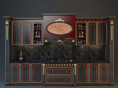 Classical Style Red And Black Kitchen Cabinets With Golden Accents And Marble Inlay 3d model