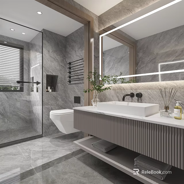 Modern Bathroom Interior With Marble Walls Shower Enclosure Backlit Mirror And Ribbed Vanity 3d model 