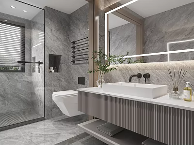 Modern Bathroom Interior With Marble Walls Shower Enclosure Backlit Mirror And Ribbed Vanity 3d model