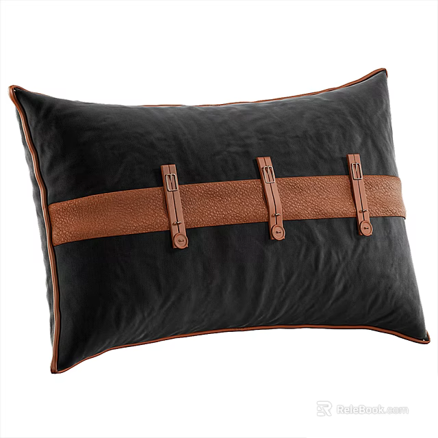Black Velvet Throw Pillow Featuring Brown Leather Strap With Metal Buckles 3d model 