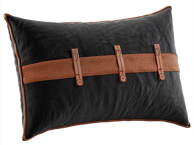 Black Velvet Throw Pillow Featuring Brown Leather Strap With Metal Buckles 3d model