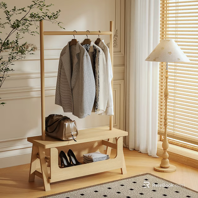 Wooden Clothes Rack With Bench Holding Bag Shoes And Folded Clothes In Cozy Indoor Space 3d model 