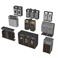 Various Metal And Plastic Trash Bins With Recycling Symbols And Designs
