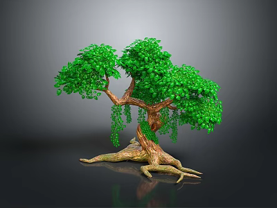Lush Green Leafy Tree With Curved Trunk Exposed Roots And Gray Background 3d model