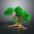 Lush Green Leafy Tree With Curved Trunk Exposed Roots And Gray Background