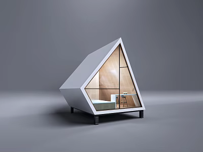 Modern Triangular Wooden House With Large Windows And Cozy Interior Featuring Bed And Table 3d model