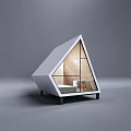 Modern Triangular Wooden House With Large Windows And Cozy Interior Featuring Bed And Table 3d model