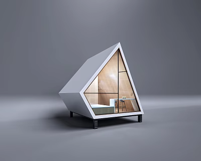 Modern Triangular Wooden House With Large Windows And Cozy Interior Featuring Bed And Table 3d model