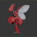 Red Mechanical Insect Game Movie Character Standing With Transparent Silver Wings