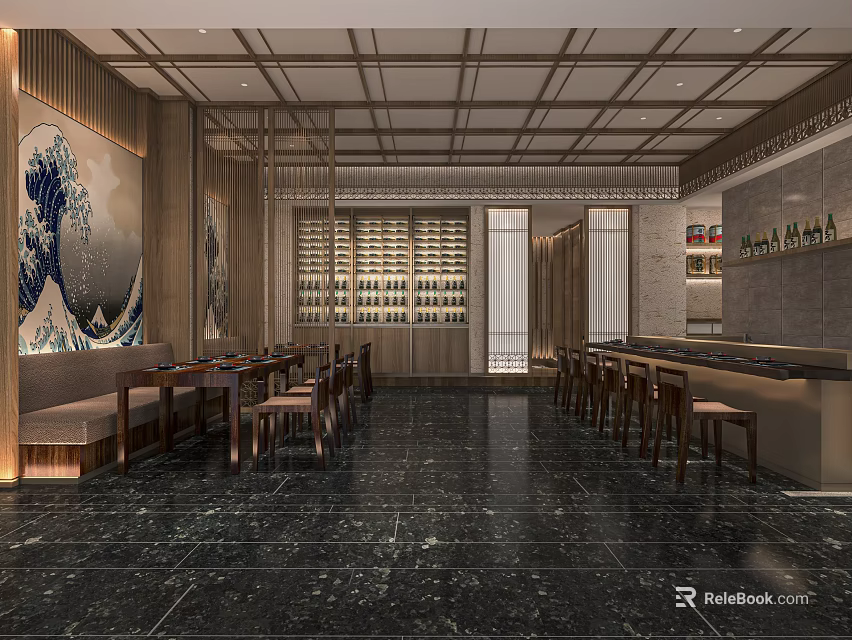 Japanese Style Restaurant Interior With Wave Decor Wine Racks Marble Flooring And Wooden Tables 3d model 